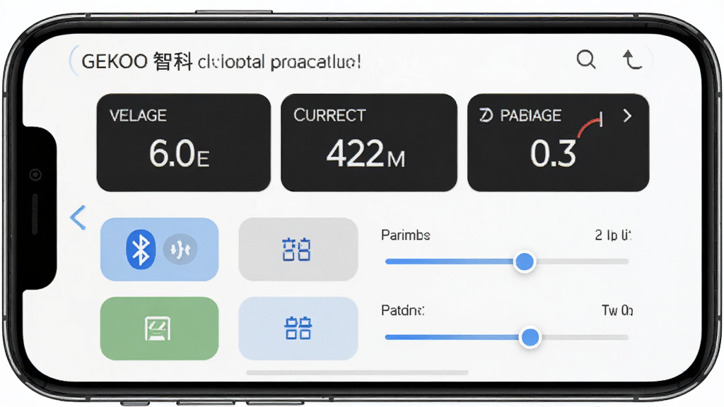 GEKOO智科控制器软件主界面预览图,主体为手机屏幕展示电动车参数控制面板,布局清晰,上方显示电压电流转速数据,下方为功能按钮,排版简洁,风格现代科技感,细节包括蓝牙连接状态图标、参数调节滑块,画质高清,干净无多余元素