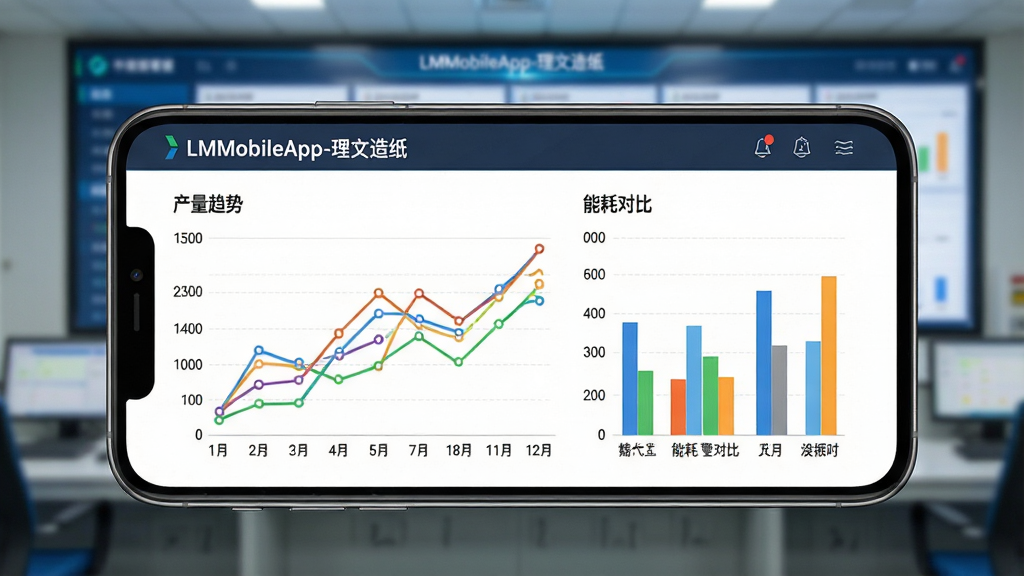 智能手机横屏展示“LMobileApp-理文造纸”生产数据看板,屏幕上显示彩色折线图与柱状图,标注“产量趋势”、“能耗对比”等中文标签,背景为模糊的工厂控制室大屏幕。主体为手机与图表的组合,布局采用对角线构图,风格简洁商务,细节包括数据点与坐标轴刻度,画质干净明亮,无多余元素。