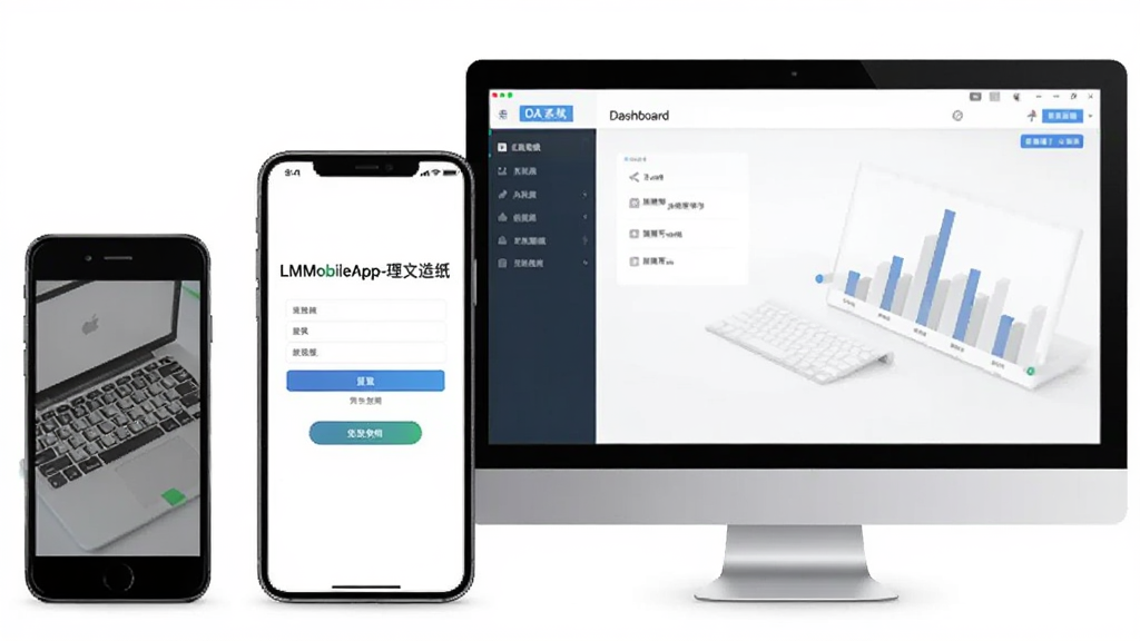 手机与电脑并排摆放,手机屏幕显示“LMobileApp-理文造纸”登录页面,电脑屏幕显示OA系统后台,寓意多端协同。主体为电子设备组合,布局采用左右对称构图,风格现代商务,细节包括屏幕中的文字与按钮,画质干净明亮,无多余元素。