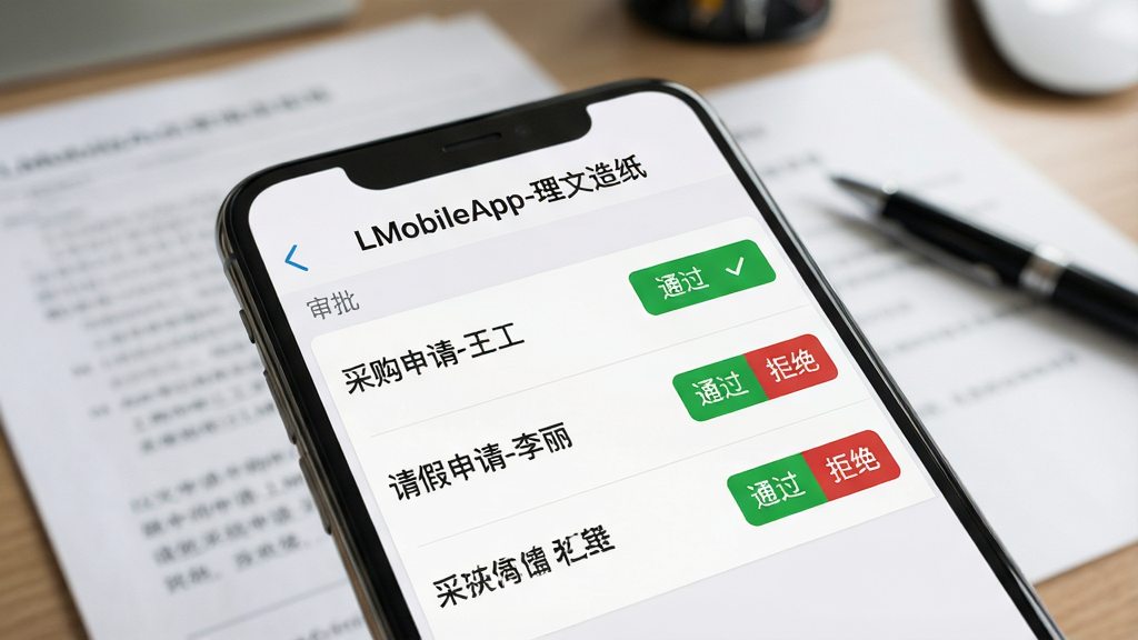 手机屏幕特写显示“LMobileApp-理文造纸”审批界面,列表中有“采购申请-王工”、“请假申请-李丽”等条目,每条右侧有绿色“通过”与红色“拒绝”按钮。背景为办公桌上散落的文件与签字笔,浅景深效果。主体突出手机界面,布局采用黄金分割构图,风格写实,细节清晰,画质干净,无多余元素。