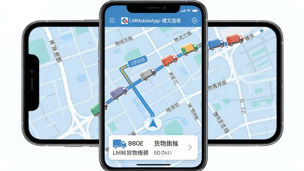 手机地图导航界面展示“LMobileApp-理文造纸”物流追踪功能,地图上显示多辆卡车图标与行驶轨迹线,底部浮窗显示车牌号与货物名称。背景为淡蓝色地图网格。主体为手机屏幕与地图组合,布局采用上下结构,风格扁平化,细节包括道路名称与距离标识,画质干净,无多余元素。