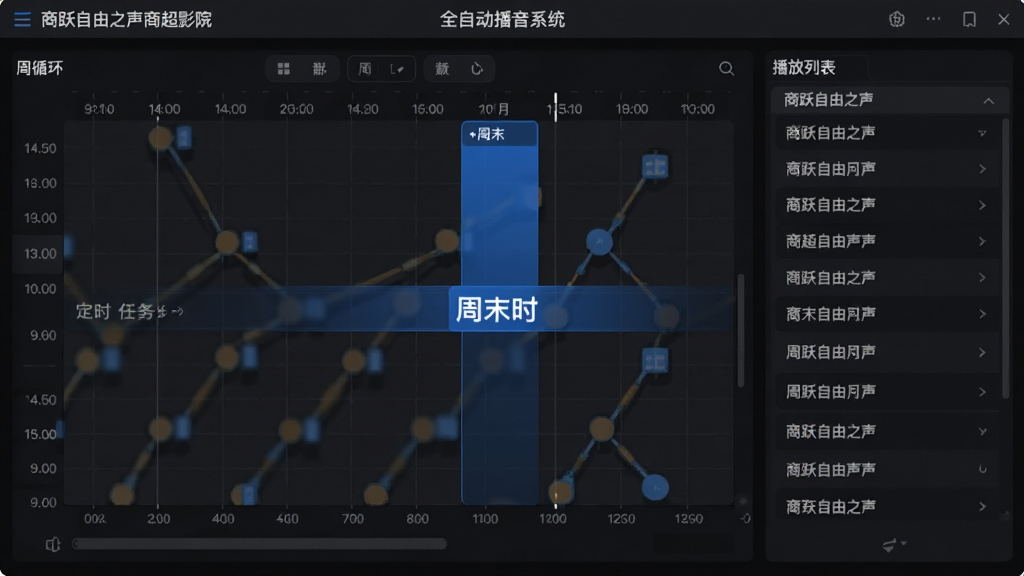 商跃自由之声商超影院全自动播音系统定时任务编辑界面,周循环时间轴,蓝色高亮显示周末特殊时段,右侧为对应播放列表,界面清晰直观,现代管理软件风格,高分辨率,细节丰富