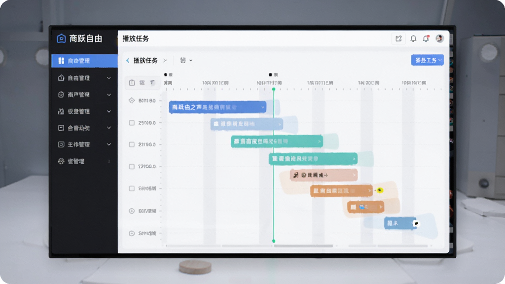 商跃自由之声商超影院全自动播音系统软件主界面预览图,扁平化管理后台,左侧功能导航栏,右侧可视化播放任务时间轴,现代简约科技感设计风格,高清画质,屏幕居中展示软件全貌,干净无多余元素