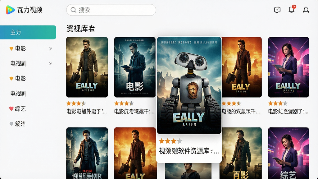 主体:瓦力视频软件资源库页面,屏幕上显示多个电影海报缩略图,分类标签如“电影”、“电视剧”、“综艺”等。布局:海报网格排列,左侧分类栏,顶部搜索框。排版:整齐的卡片式布局,海报下方有评分和简介。风格:清爽简洁,色彩丰富,电影海报风格多样。细节:海报上显示电影名称,其中一个海报放大突出,软件名称“瓦力视频”在界面左上角。画质:高清,干净,无多余元素。