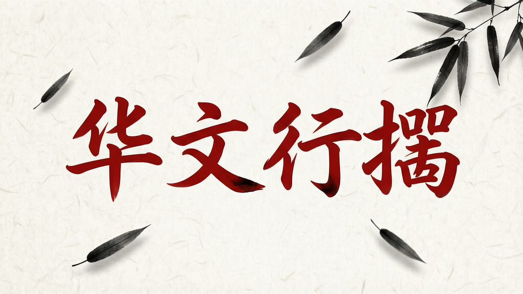 一幅精美的平面设计作品展示图,画面中央用醒目的红色“华文行楷”四个大字作为主视觉,字体笔画流畅、墨迹浓淡相宜,背景是淡雅的宣纸纹理,周围点缀着几片飘落的墨色竹叶,整体布局简洁大气,排版考究,风格融合传统水墨与现代设计感,细节丰富,画质干净清晰,无多余元素
