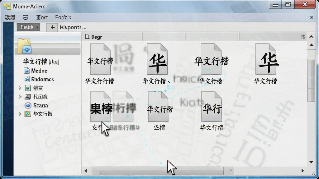 一张电脑屏幕截图,显示将“华文行楷”字体文件复制到Windows系统Fonts文件夹的操作过程,鼠标指针指向字体文件,文件夹内已有多个字体文件,画面布局清晰,排版直观,风格写实,细节真实,画质干净,无多余元素