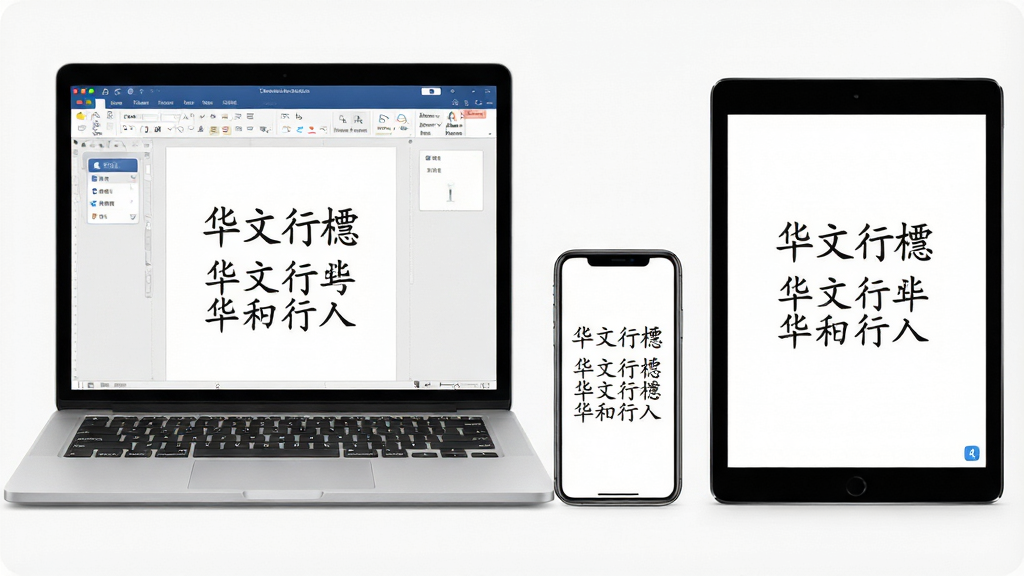 一张多设备展示图,画面左侧是一台运行着文档编辑软件的笔记本电脑,右侧是一部手机和一个平板电脑,三台设备的屏幕上均用“华文行楷”字体显示同一段诗句,画面布局均衡,排版清晰,风格现代简约,突出跨平台兼容性的主题,细节清晰,画质干净明亮,无多余元素