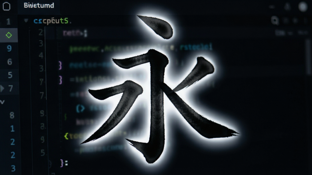 特写镜头展示“华文行楷”字体在电脑屏幕上放大的笔画细节,画面聚焦于“永”字的一笔一划,清晰可见笔锋的提按顿挫和墨色的自然渐变,背景为深色代码编辑器界面,字体呈现白色高光效果,布局居中,排版专业,风格写实,细节毕现,画质高清,背景干净无杂物