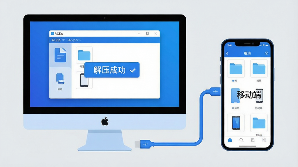 主体:一台电脑和一台手机并排显示,电脑屏幕上是ALZip的压缩解压界面,手机屏幕上是文件管理应用。布局:电脑在左,手机在右,中间用一条数据线连接,背景为浅灰色。排版:电脑屏幕和手机屏幕清晰可见,界面内容用缩略图显示。风格:现代科技感插画,色彩以蓝白为主。细节:电脑屏幕上显示“解压成功”字样,手机屏幕上显示“移动端”字样,整体干净。画质:高清,干净,无多余元素。