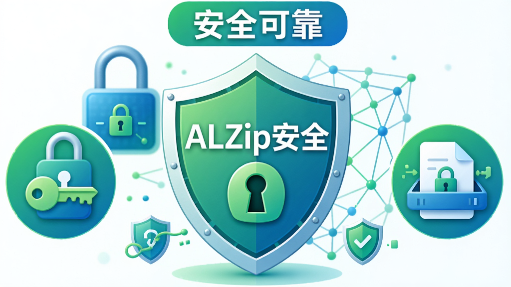 主体:一个盾牌图标位于画面中央,盾牌上写有“ALZip安全”字样,背景是电子锁和网络防护网。布局:盾牌居中,左右两侧分别有加密和解压的图标,顶部有“安全可靠”的字样。排版:盾牌图标较大,周围环绕着安全相关的符号,背景简洁。风格:现代安全主题插画,色彩以绿色和蓝色为主,给人信任感。细节:盾牌上有锁孔,加密图标有钥匙,解压图标有文档,整体风格干净。画质:高清,干净,无多余元素。