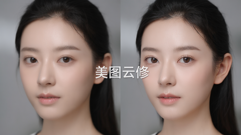 美图云修AI人像精修功能演示,一张半脸原图与精修后效果对比,皮肤细腻自然,五官立体,背景虚化,画面中央显示“美图云修”文字水印,风格专业摄影后期,细节丰富,画质高清,干净无多余元素。