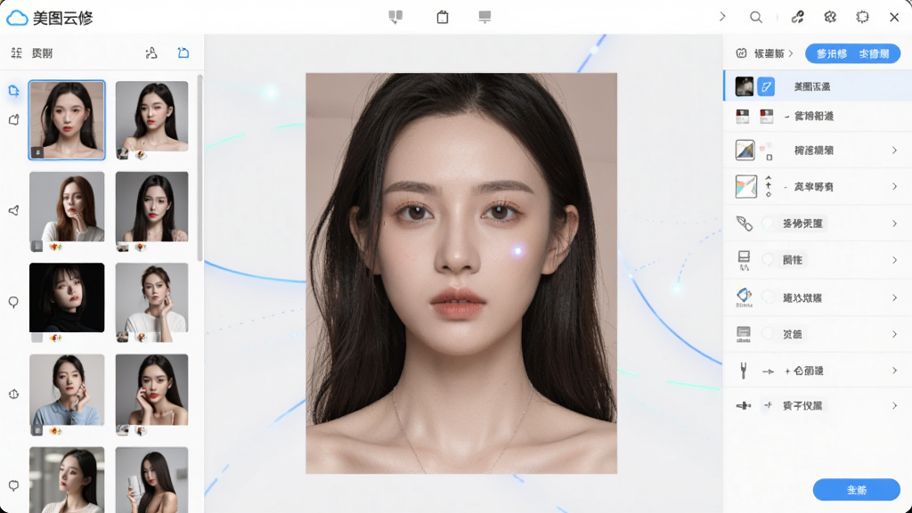美图云修软件主界面展示,左侧为图片素材列表,中间为高清人像原图,右侧为各种修图工具面板,整体界面简洁明亮,采用浅色系设计,软件名称“美图云修”位于界面左上角,画面风格现代科技感,细节丰富,画质清晰干净,无多余元素。