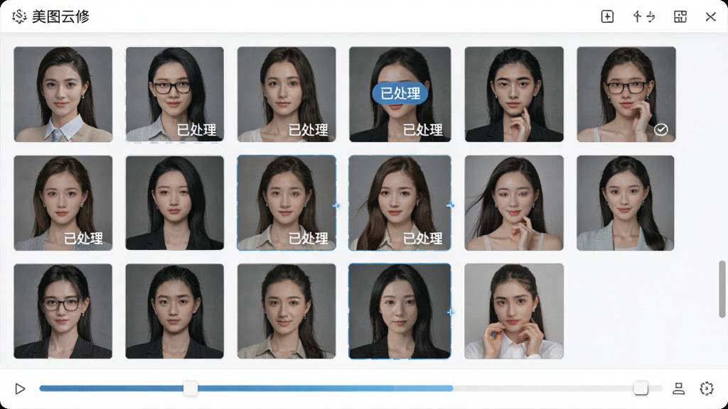 美图云修批量处理界面,多张人像照片缩略图整齐排列,部分照片上显示“已处理”标记,界面下方有进度条,整体风格简洁专业,突出高效处理能力,画质清晰,无多余元素。