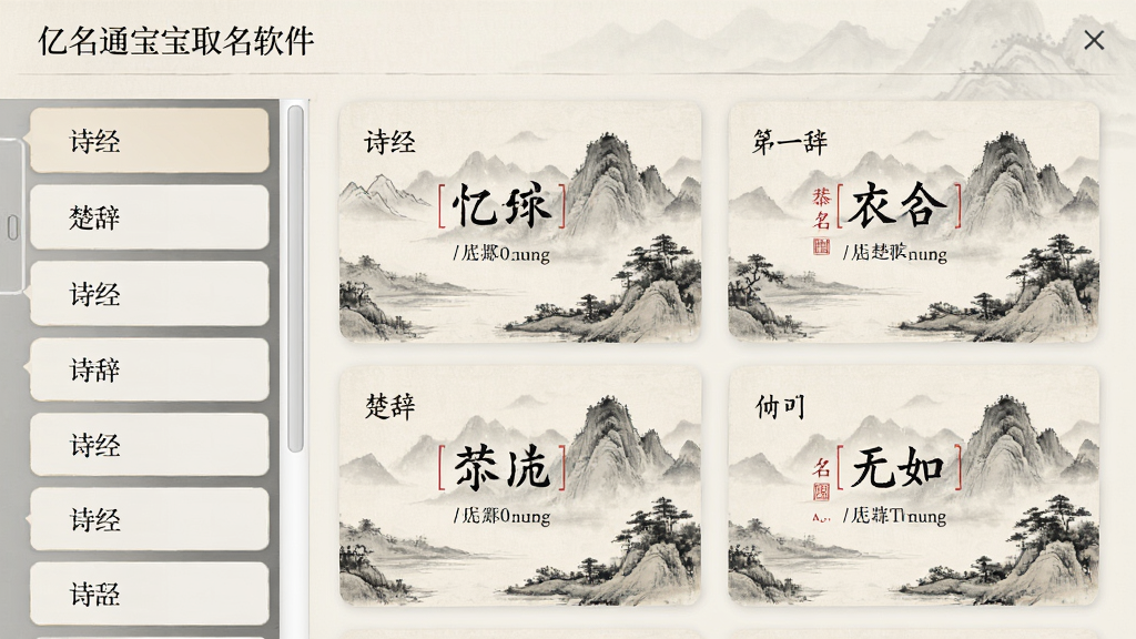 功能图:展示“亿名通宝宝取名软件”的诗词取名界面,左侧列表滚动显示“诗经”、“楚辞”等分类,右侧展示带有诗词出处的名字卡片,卡片背景为水墨山水画,字体古风,整体布局雅致,色调淡雅,画质清晰