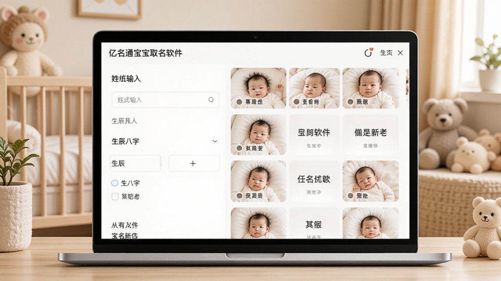 主图:展示“亿名通宝宝取名软件”在笔记本电脑上的主界面,界面左侧为姓氏输入框和生辰八字选项,右侧滚动展示多个宝宝名字卡片,背景为温馨的母婴房,柔和的暖色调,画面干净明亮,细节丰富,高清画质