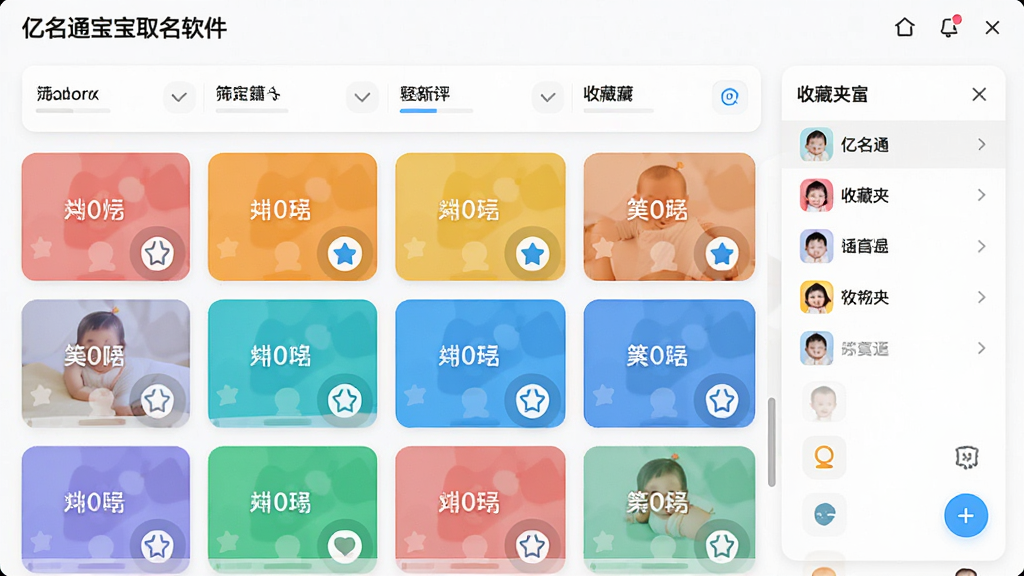 功能图:展示“亿名通宝宝取名软件”的筛选与收藏界面,顶部为筛选条件栏,下方为网格状名字卡片,每张卡片带有收藏按钮,右侧有收藏夹面板,整体界面现代简洁,色彩明亮,交互图标清晰,画质干净