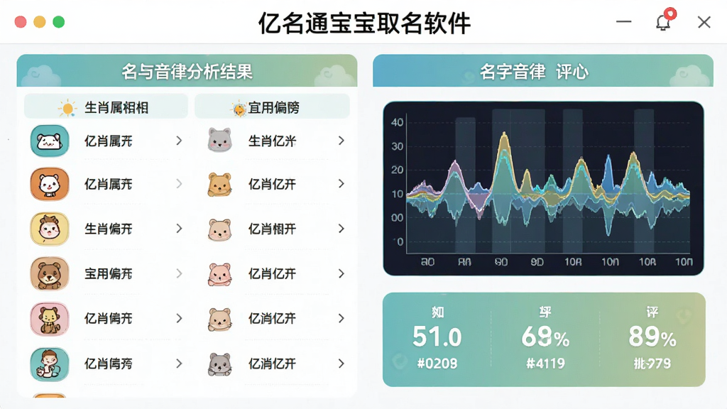 功能图:展示“亿名通宝宝取名软件”的生肖与音律分析结果,左侧显示生肖属相及宜用偏旁列表,右侧展示名字音律波形图与评分,界面配色清新,信息排列整齐,细节丰富,画质高清