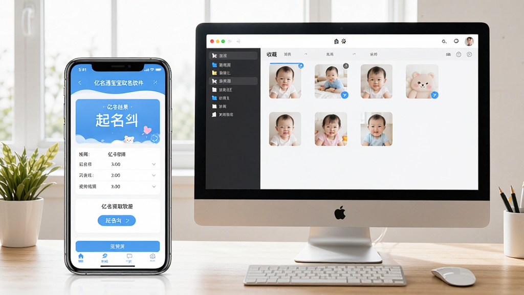 教程图:展示“亿名通宝宝取名软件”在手机和电脑上同时运行的照片,手机屏幕显示起名结果,电脑屏幕显示收藏夹,桌面整洁,光线充足,画面清晰,细节真实