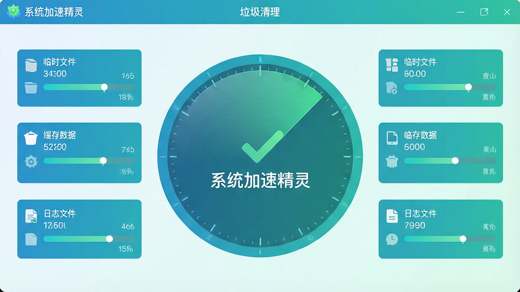 主体:系统加速精灵的“垃圾清理”功能扫描结果界面。布局:中央显示一个巨大的圆形扫描图,周围分类列出“临时文件”、“缓存数据”、“日志文件”等项目及其大小。排版:数据可视化,进度条清晰。风格:清爽的蓝绿色调,扁平化设计。细节:扫描结果上打着对勾,显示“系统加速精灵”字样,背景为干净的浅色渐变。画质:高分辨率,干净,无多余元素。
