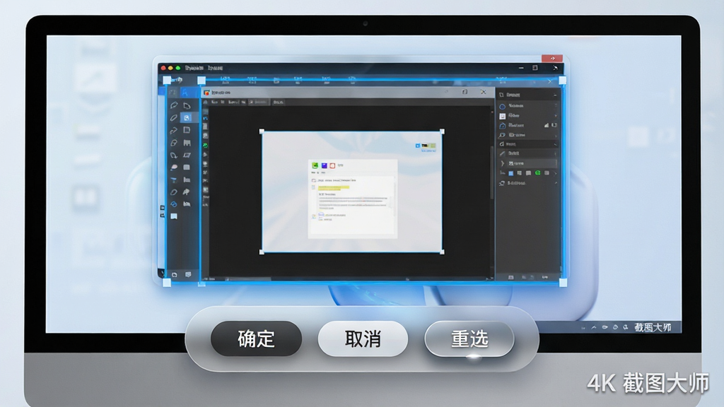 主体:一个高精度截图操作的动态演示场景。布局:画面上方为电脑屏幕,屏幕内显示一个被高亮蓝色边框自动识别的软件窗口,下方为悬浮的截图控制条。排版:屏幕占比约70%,控制条居中排列,按钮包含确定、取消、重选。风格:写实与UI结合,色调明亮,突出科技感。细节:窗口边缘有智能吸附的毛玻璃效果,控制条上的按钮有细腻的悬停阴影,屏幕右下角显示“截图大师”的水印字样。画质:4K细腻画质,光影真实,干净,无多余元素。