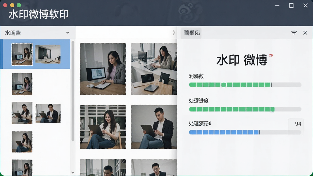 水印微博批量处理功能演示图,界面展示多张图片同时处理的状态,左侧为图片列表,右侧为处理进度条,整体风格商务简约,突出“水印微博”软件名称,画质干净清晰
