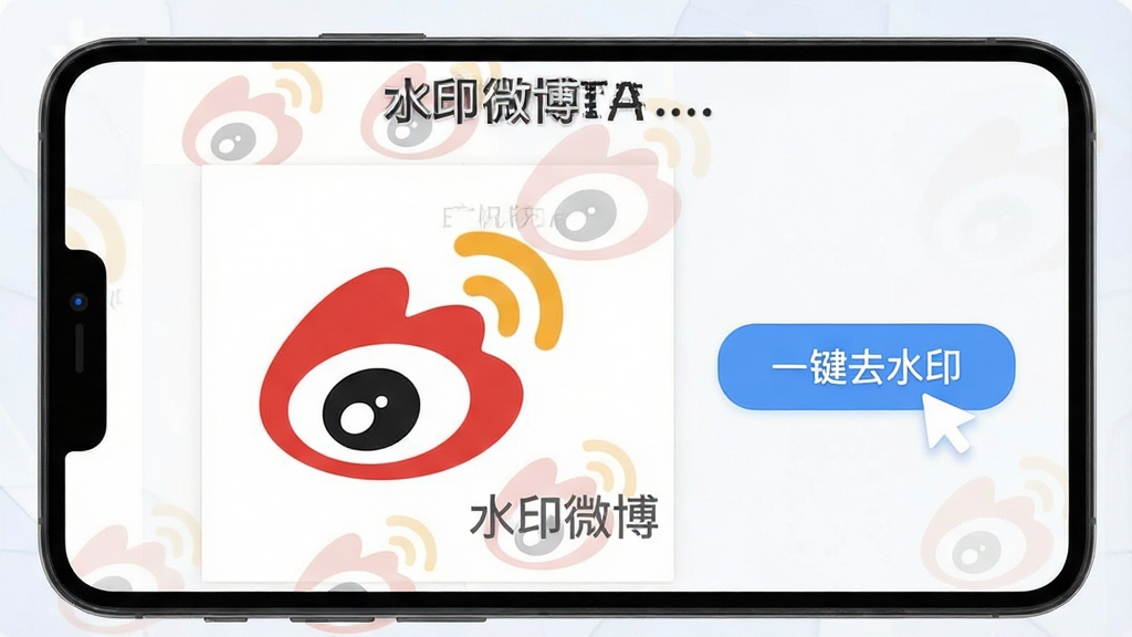 水印微博去除水印功能操作演示图,界面中央显示一张带有微博水印的图片,右侧为“一键去水印”按钮,点击后水印消失,画面干净清晰,整体风格简洁明亮,突出“水印微博”软件名称,画质高清