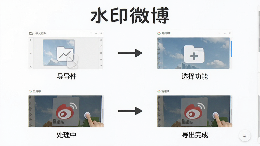 水印微博使用教程示意图,展示软件操作流程,包含导入文件、选择功能、处理中、导出完成四个步骤,界面简洁清晰,突出“水印微博”软件名称,画质高清干净
