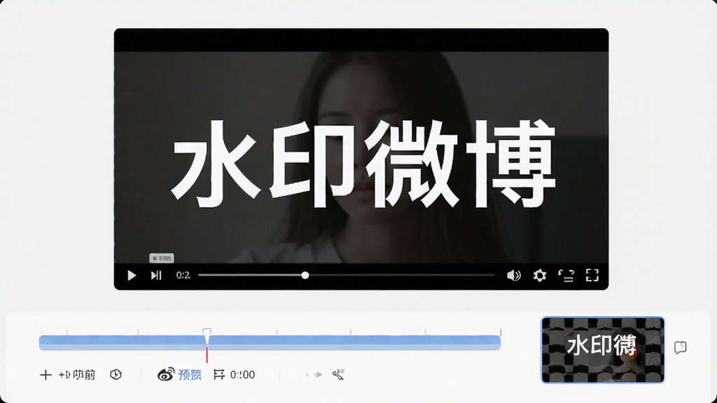 水印微博视频水印处理功能演示图,界面显示视频播放窗口,下方为时间轴与处理选项,可预览水印效果,整体风格现代简洁,突出“水印微博”品牌名称,画质高清干净