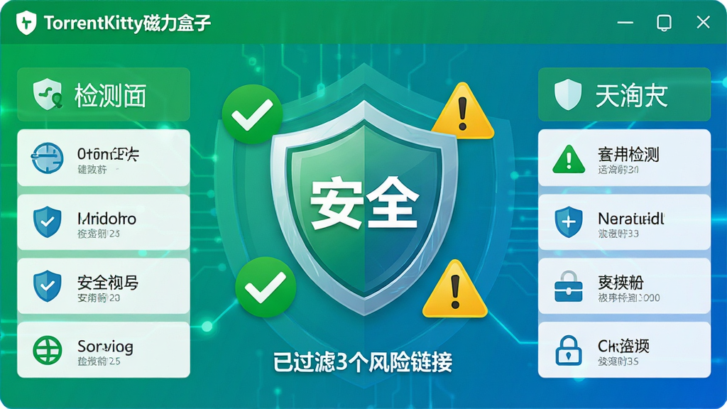 主体:TorrentKitty磁力盒子的安全检测界面,一个盾牌图标位于中央,周围有绿色对勾和黄色警告标识。布局:盾牌居中,两侧分布检测项列表。排版:检测项用简洁的图标和文字说明。风格:安全防护风格,绿色和蓝色为主色调。细节:盾牌上写着“安全”,下方有“已过滤3个风险链接”字样。画质:高清,色彩明亮,画面干净,无多余元素。