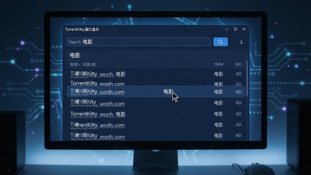 主体:TorrentKitty磁力盒子软件界面在电脑屏幕上显示,主窗口为深蓝色调,上方是搜索框,下方排列着磁力链接列表。布局:居中构图,电脑屏幕为主体,周围有微弱的科技感光效。排版:界面清晰,列表行间距适中。风格:现代简约科技风。细节:屏幕中搜索框内输入“电影”,列表显示多条磁力链接,鼠标指针悬停在一条结果上。画质:8K超清,细节丰富,画面干净,无多余元素。