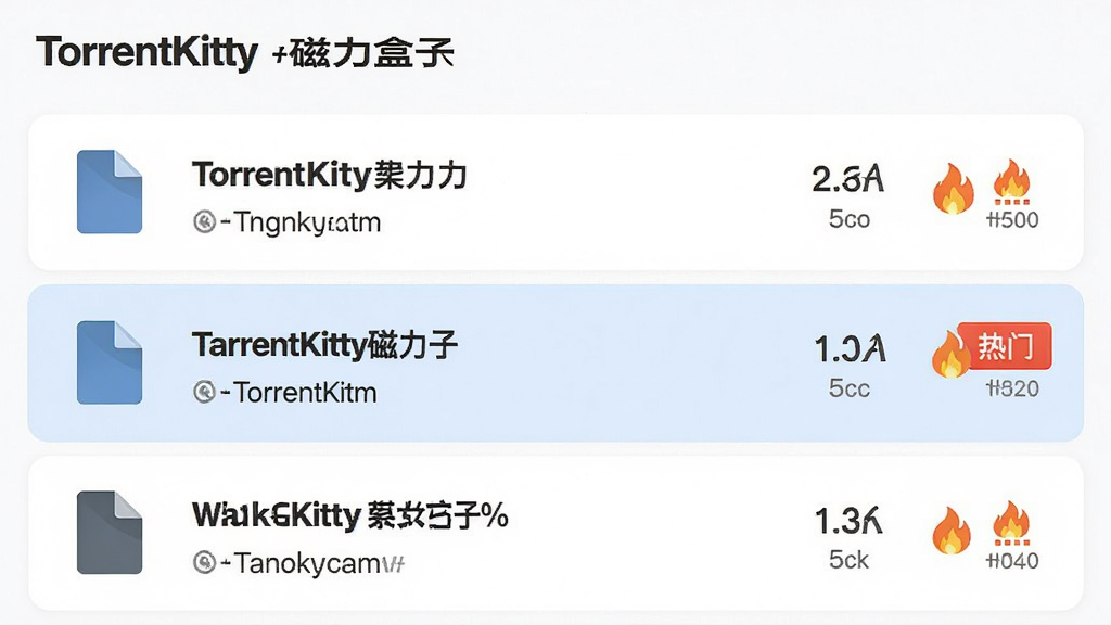 主体:TorrentKitty磁力盒子的搜索结果页面,展示多行磁力链接列表,每行包含文件名、大小、热度图标。布局:列表式布局,左侧为文件图标,右侧为详情信息。排版:字体清晰,文件名加粗,大小和热度用灰色小字。风格:清新简洁的UI设计。细节:其中一行高亮显示,旁边有“热门”标签。画质:高清渲染,色彩舒适,画面干净,无多余元素。