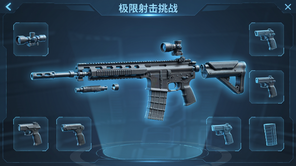 一张游戏内武器改装界面的预览图,画面中央是一把分解状态下的战术步枪,周围环绕着各种改装配件图标,如瞄准镜、握把、弹匣等。界面设计科幻感十足,蓝色全息投影风格,光线柔和,结构清晰,画质细腻,展现“极限射击挑战”游戏深度DIY的乐趣,整体风格干净整洁,无多余元素。