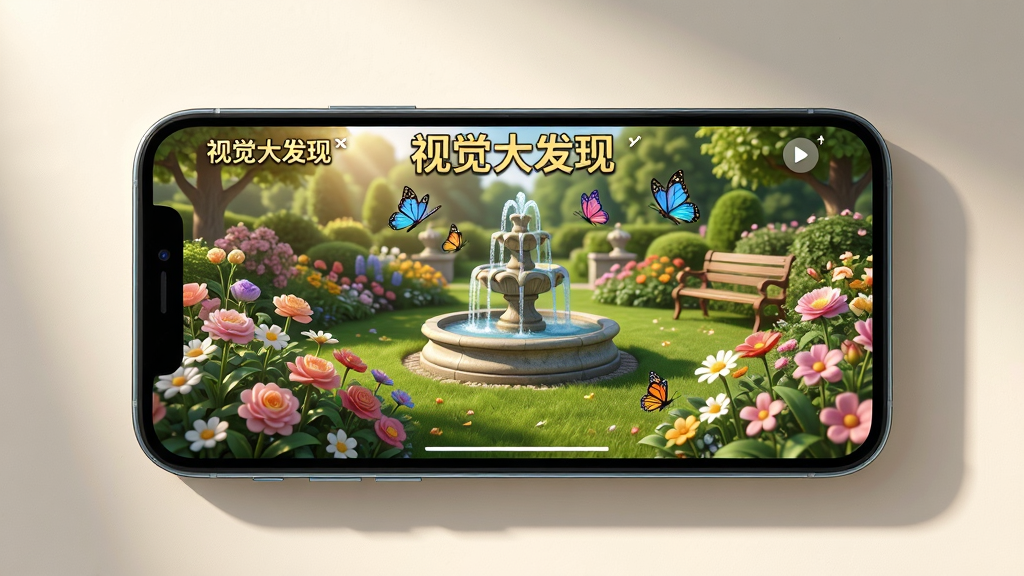 画面主体为《视觉大发现》游戏在手机上的运行效果,手机横屏显示游戏画面,画面中是一个花园场景,有花朵、蝴蝶、喷泉等,手机周围有柔和的光影,布局居中,风格写实,细节丰富,画质高清,干净无多余元素