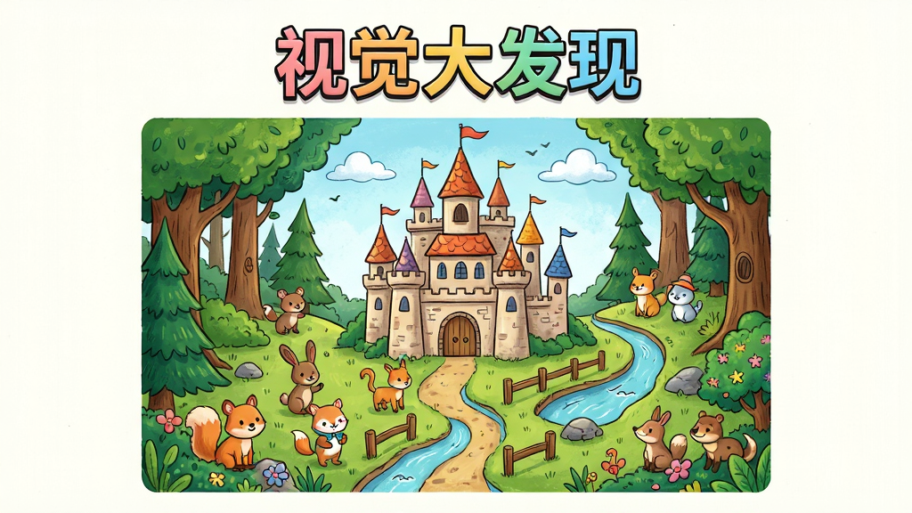 画面主体为《视觉大发现》游戏主界面,中央展示一张色彩丰富的手绘场景图,画面中有城堡、森林、小动物等元素,顶部有“视觉大发现”艺术字标题,布局居中对称,风格清新卡通,细节精致,画质高清,干净无多余元素