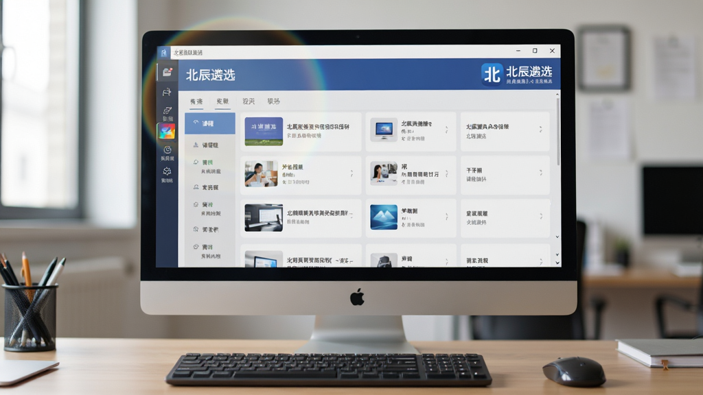 主体:北辰遴选App在模拟器中的运行画面,电脑屏幕显示课程列表,右上角有“北辰遴选”图标;布局:电脑屏幕居中,键盘鼠标为前景,背景为办公桌;排版:模拟器窗口比例16:9,界面清晰;风格:真实场景摄影风格,光线自然;细节:屏幕反射轻微光晕,画面干净;画质:4K高清,无多余元素