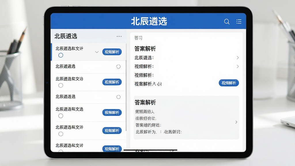 主体:北辰遴选App的题库练习页面,屏幕显示选择题和答案解析,顶部有“北辰遴选”字样;布局:平板电脑横屏展示,左侧为题目列表,右侧为答题区域;排版:信息层级分明,字体清晰;风格:简洁商务风,蓝色主调;细节:题目旁有“视频解析”按钮,画面干净整洁;画质:高分辨率,柔和自然光,无多余元素