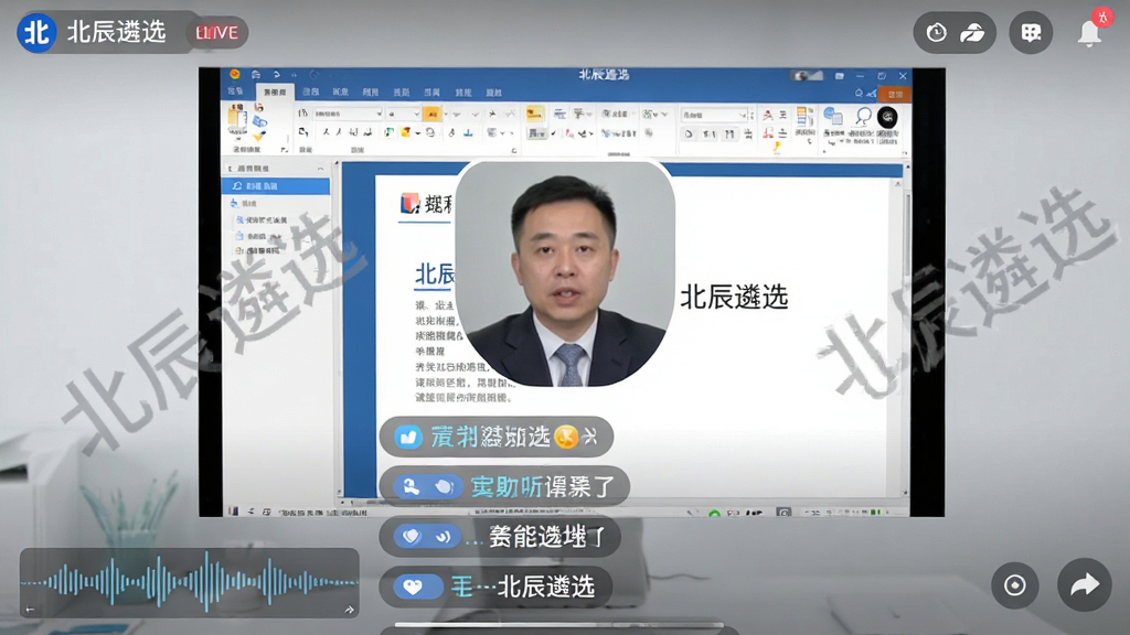 主体:北辰遴选App的直播课堂界面,讲师正在讲解PPT,屏幕上有“北辰遴选”水印;布局:画面中央为讲师头像和课件,下方有互动弹幕;排版:课件文字清晰,弹幕滚动有序;风格:教育直播风格,光线明亮;细节:直播画面画质高清,声音波形图显示正常;画质:视频会议级清晰度,背景整洁,无多余元素