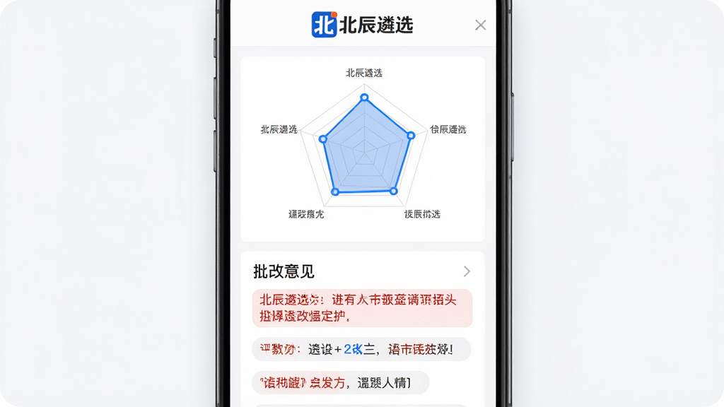 主体:北辰遴选App的批改报告页面,显示分数和评语,顶部有“北辰遴选”标志;布局:手机竖屏显示,上方为得分雷达图,下方为批改意见列表;排版:图表与文字结合,重点高亮;风格:数据可视化风格,色彩温和;细节:评语用红色标注,得分用蓝色;画质:高清晰度,界面干净,无多余元素