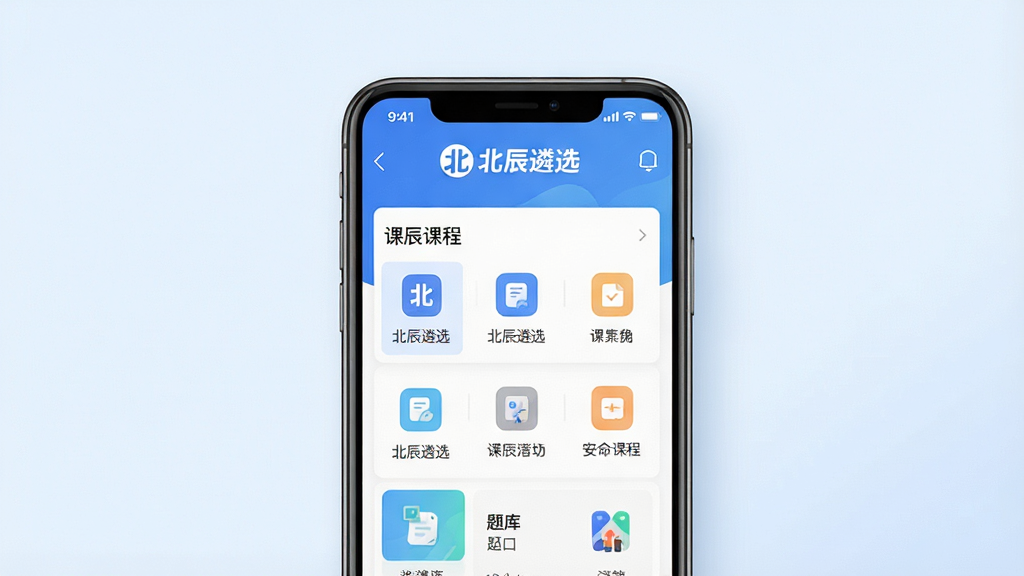 主体:北辰遴选App界面展示,手机屏幕显示课程列表和题库入口,上方有“北辰遴选”品牌标识;布局:手机居中,背景为淡蓝色渐变,四周留白干净;排版:界面简洁,功能图标排列整齐;风格:现代扁平化设计,色彩清新明快;细节:屏幕上出现“北辰遴选”四个字,画面清晰无杂物;画质:高清渲染,光线柔和,干净无多余元素