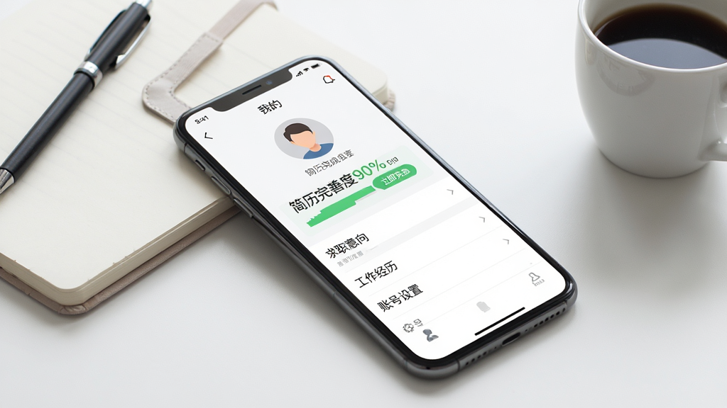 ���壺һ���ֻ�չʾ��Ƹ��APP�ġ��ҵġ�ҳ�棬��ʾ����ͷ�񡢼�����ɶȰٷֱȡ����֣��ֻ�б�ţ�����Ϊ���칫�����бʼǱ��Ϳ��ȱ����Ű棺��Ļ���С���ְ���򡱡������������������˺����á��Ȳ˵�����������Լ��ϸ�ڣ���Ļ�Ϸ���ʾ���������ƶ�90%�����С��������ơ���ť�����ʣ����壬������ͣ��ɾ������