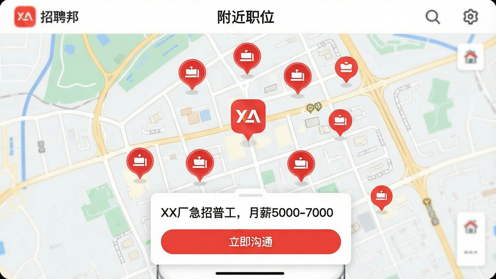 ���壺��Ƹ��APP�ġ�����ְλ����ͼҳ�棬��ʾ�����ɫ����ͼ��ֲ��ڽֵ���ͼ�ϡ����֣���ͼռ��Ļ�󲿷֣��ײ�����ְλ��Ƭ���Ű棺��Ƭ����ʾ��XX�������չ�����н5000-7000�������ʵ��������ϸ�ڣ���ͼ�ϱ�ע����Ƹ�Ʒ��ɫͼ�꣬��Ƭ�С�������ͨ����ť�����ʣ��߾��ȣ��ɾ����ࡣ