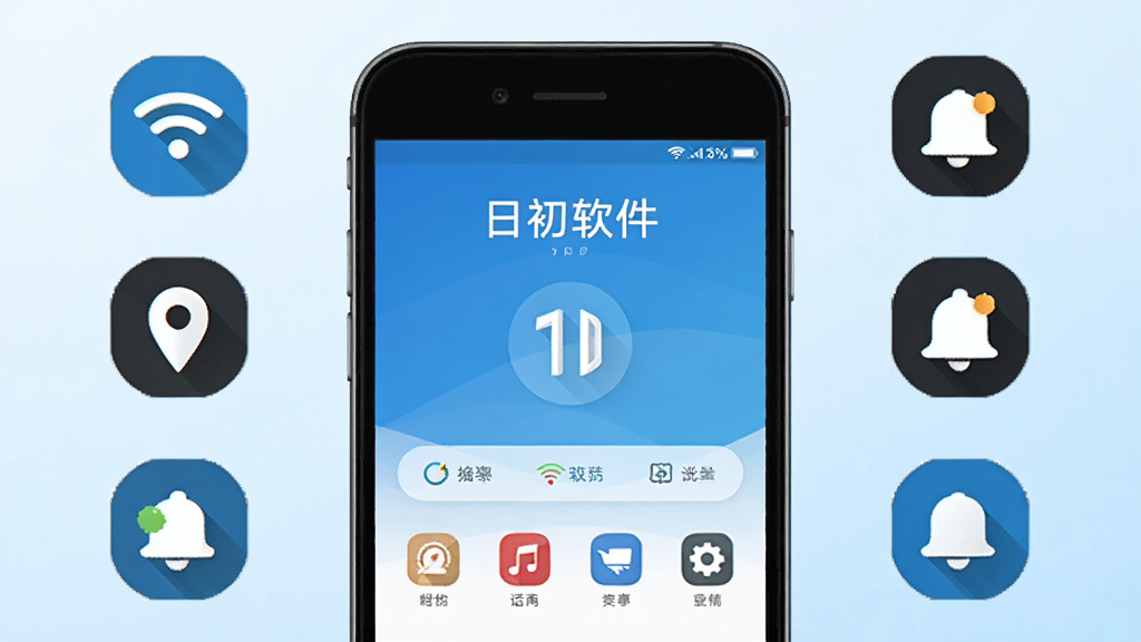 日初软件使用指南配图,智能手机屏幕上显示应用主界面,周围有Wi-Fi、定位、通知等图标环绕,背景为浅蓝色渐变,风格简洁,画质干净