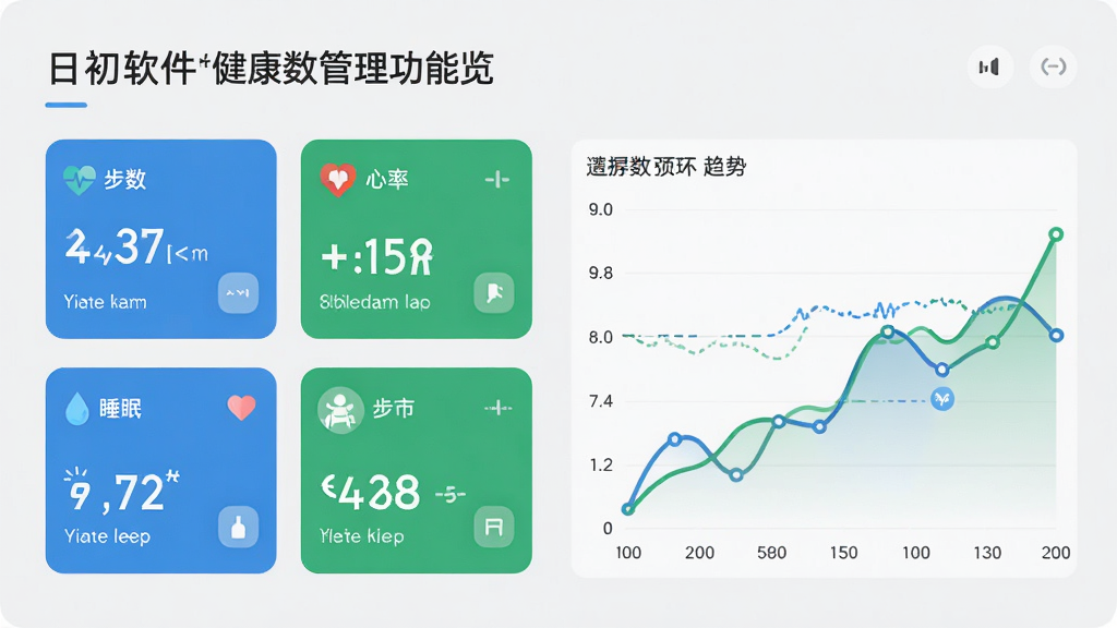 日初软件健康数据管理功能预览图,左侧显示步数、心率、睡眠等数据卡片,右侧是折线趋势图,背景为浅灰色,数据卡片以蓝色和绿色为主,整体风格简洁专业,画质清晰,无多余元素