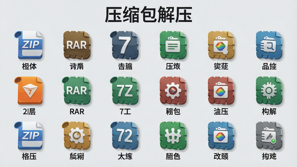 主体:压缩包解压软件支持的格式图标墙,包括ZIP、RAR、7Z等。布局:图标网格排列,每个图标下方标注格式名称。排版:整齐划一,色彩鲜艳。风格:扁平化设计,背景浅灰。细节:每个图标有立体感,阴影自然,软件名称“压缩包解压”出现在顶部。画质:清晰矢量图,细节丰富,干净,无多余元素。
