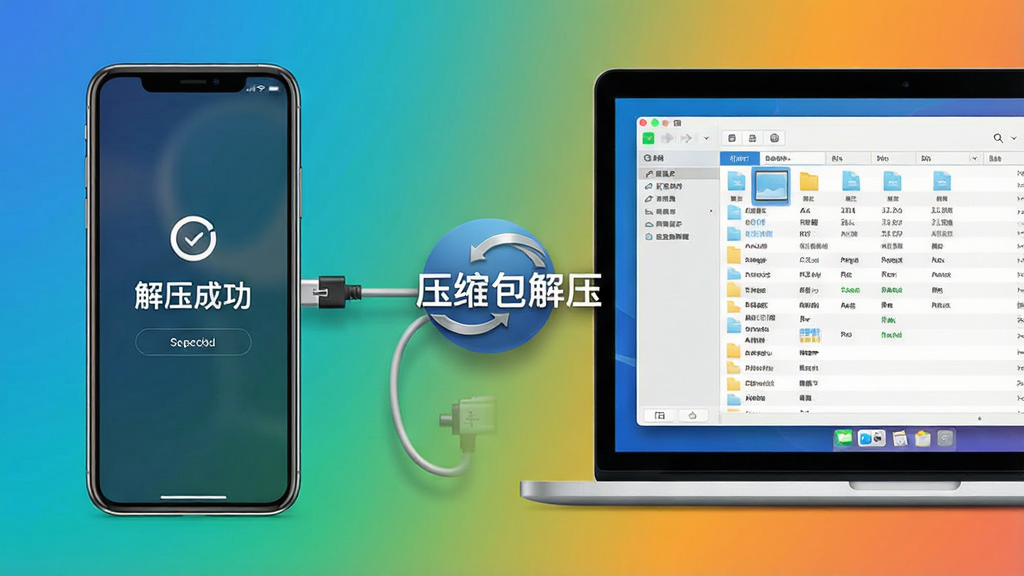 主体:手机与电脑并排展示压缩包解压软件的使用场景。布局:左手机右电脑,中间有连接线图标。排版:对比鲜明,各自显示解压界面。风格:写实风格,背景为渐变色。细节:手机屏幕显示“解压成功”字样,电脑屏幕显示文件列表,软件名称“压缩包解压”置于中央。画质:超清画质,细节丰富,干净,无多余元素。