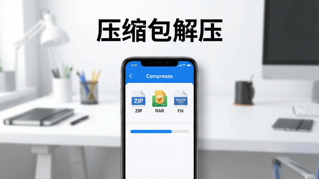 主体:压缩包解压软件界面展示,手机屏幕显示文件解压进度条,背景为现代简约办公桌。布局:中央突出手机,四周留白,上方有软件名称“压缩包解压”字样。排版:干净整洁,信息层级分明,主标题加粗。风格:科技感与清新感结合,色调以蓝白为主。细节:手机屏幕内展示ZIP、RAR等文件图标,进度条呈蓝色,周围有轻微阴影。画质:高清晰度,渲染细腻,干净,无多余元素。