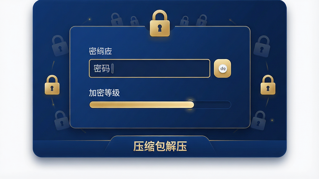 主体:压缩包解压软件的加密设置界面,显示密码输入框与加密等级选项。布局:居中卡片式设计,周围有锁形图标装饰。排版:信息简洁,按钮醒目。风格:深蓝背景,金色点缀。细节:密码输入框有隐藏显示切换,加密等级用进度条表示,软件名称“压缩包解压”置于底部。画质:高对比度,阴影柔和,干净,无多余元素。