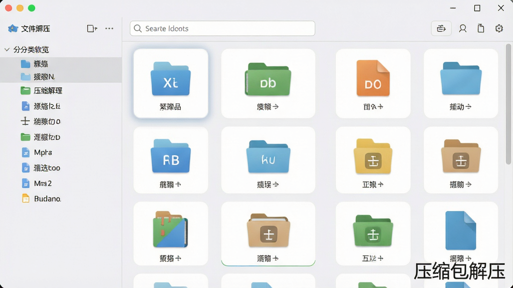 主体:压缩包解压软件的文件管理界面,展示文件分类浏览。布局:左侧侧边栏分类,右侧文件缩略图列表。排版:简洁明了,搜索框在顶部。风格:浅色背景,卡片式设计。细节:文件图标有类型标识,支持长按多选操作,软件名称“压缩包解压”作为水印出现在角落。画质:高清细腻,色彩自然,干净,无多余元素。