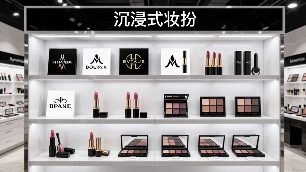 展示《沉浸式妆扮》的品牌选择界面,以虚拟货架形式排列多个知名彩妆品牌的Logo和明星产品,如口红、眼影盘,整体色调明亮,布局整齐,现代感强,画质清晰。