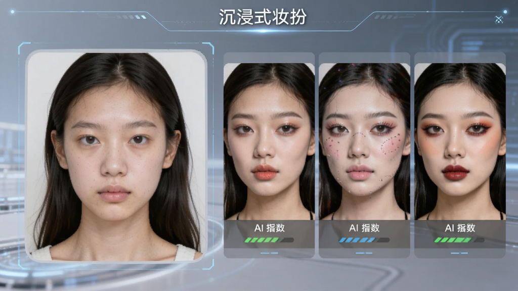 展示《沉浸式妆扮》的AI智能推荐功能,界面左侧是用户上传的素颜照片,右侧是AI生成的三种不同风格妆容效果对比图,并标注推荐指数,背景简洁,科技感强。